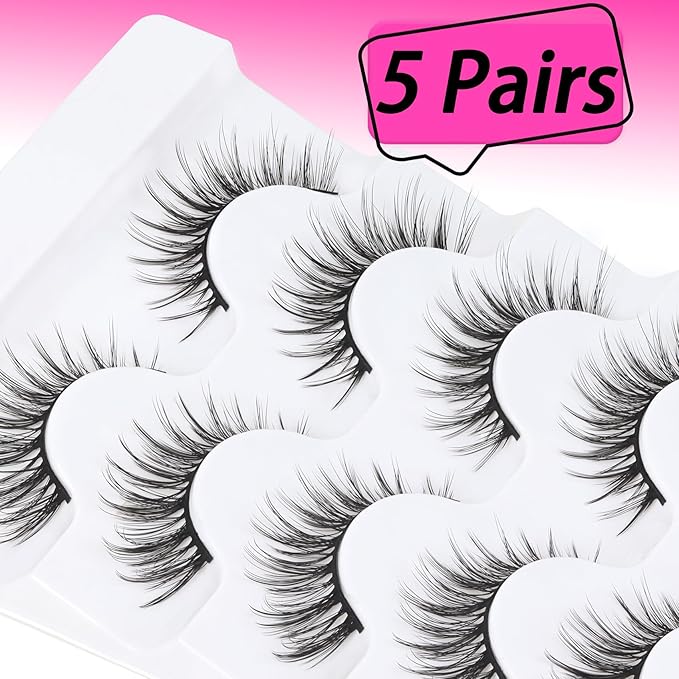 Veleasha Lashes Wispy False Eyelashes 100% Handmade Eyelashes Natural Look Fake Lashes Lightweight Lashes with Soft Cotton Band 5 Pairs Pack (G2-Black Cotton Band)