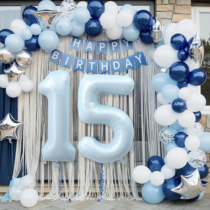 15th Birthday Balloons for Boys, 40'' Foil Self Inflating Light Baby Matte Blue Number 15 Balloon, Pastel Sky Blue Large Helium Mylar 15 Balloon Number for Birthday Party Decor Anniversary Decorations