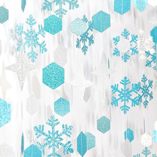 Snowflake-Snow Teal-Silver Christmas Party-Decorations Streamers - 52Ft White Winter Wonderland Frozen Hanging Paper Garland Banner,Birthday Wedding Baby Bridal Shower New Year Supplies Decor Hugtmr