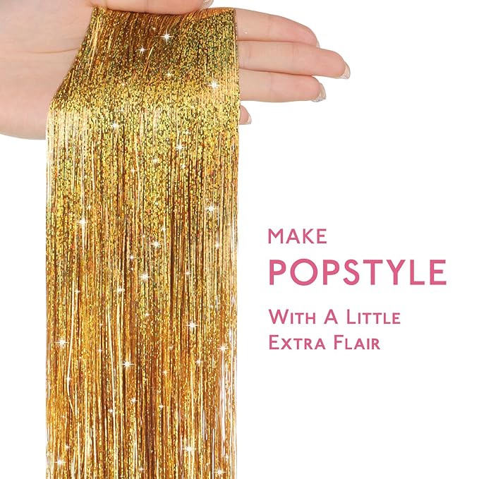 WENNALIFE Hair Tinsel for Girls, Gold Fairy Kit 1200 Strands 6PCS 48 Inch Heat Resistant Glitter Tinsel Hair Extensions Kit Christmas Angel for Sparkle Strands