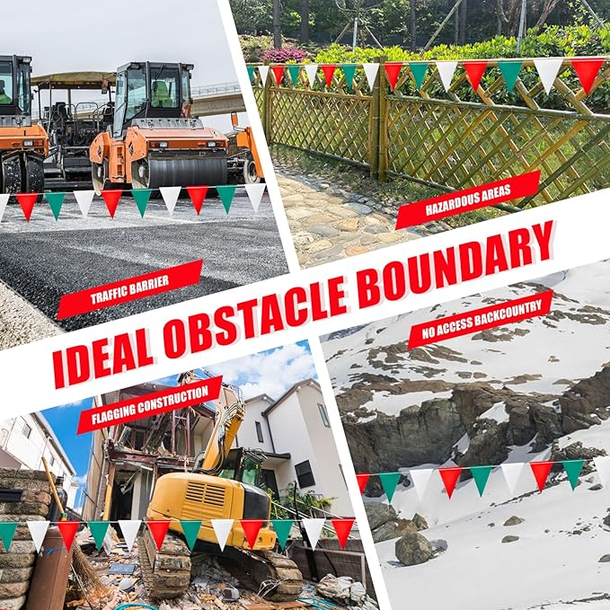 Safety Warning Pennant Banner Flags – Multipurpose OSHA High Visibility Colored Triangle Flags for Roadwork, Party and Hazard Areas(GREEN+WHITE+RED,45Pcs,105FT)