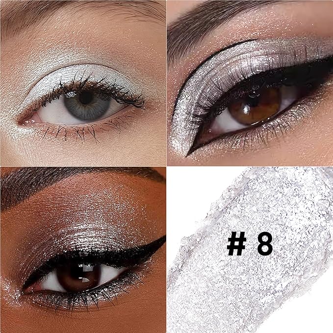 Glitter Eyeshadow Stick Metallic Chrome Finish, Shimmer Cream White Eye Shadow Stick Long Lasting Color Sparkle Multi-Use Eye Brightener Highlighter Makeup Blendable Eyeliner Pencil, 8#