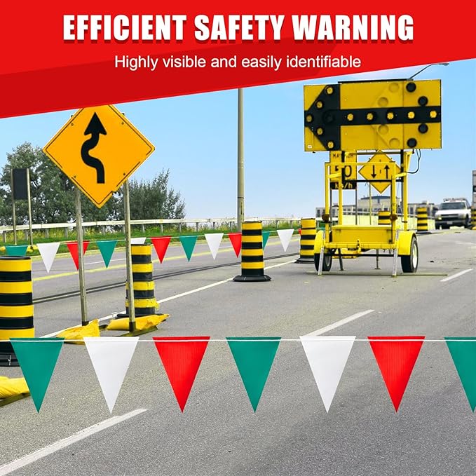 Safety Warning Pennant Banner Flags – Multipurpose OSHA High Visibility Colored Triangle Flags for Roadwork, Party and Hazard Areas(GREEN+WHITE+RED,45Pcs,105FT)