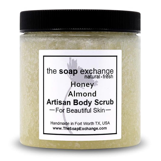 The Soap Exchange Sugar Body Scrub - Honey Almond Scent - Hand Crafted 8 fl oz / 240 ml Natural Artisan Skin Care, Shea Butter, Exfoliate, Moisturize, & Protect. Made in the USA.