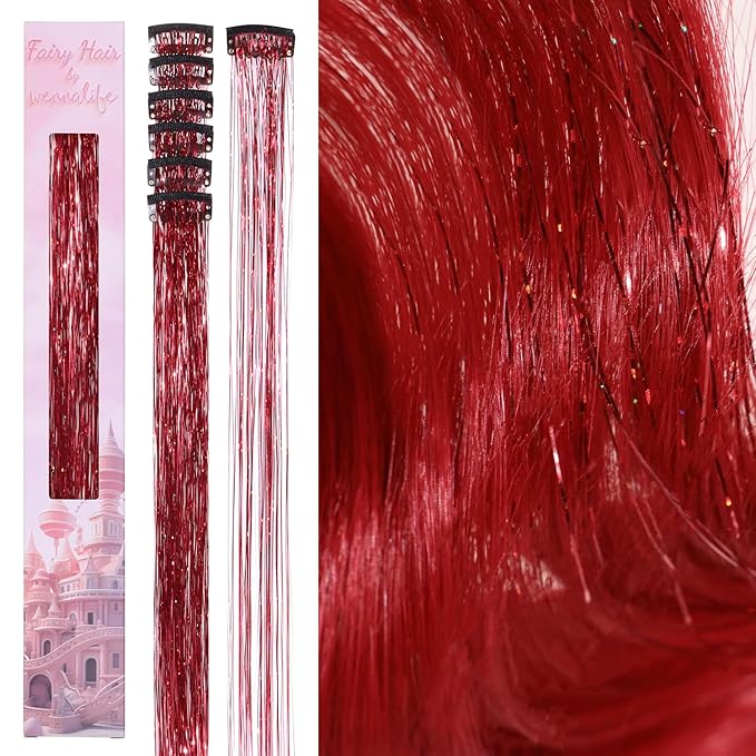 WENNALIFE Hair Tinsel Clip In for Girls Red, 6pcs 24 inch Clips Tinsel Hair Extensions Clip in Colorful Glitter Clips Sparkle Fairy Hair Accessories for Kids