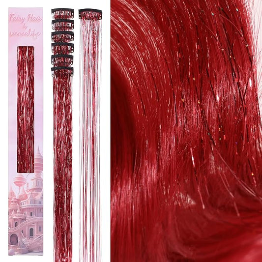 WENNALIFE Hair Tinsel Clip In for Girls Red, 6pcs 24 inch Clips Tinsel Hair Extensions Clip in Colorful Glitter Clips Sparkle Fairy Hair Accessories for Kids
