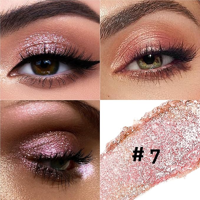 Glitter Eyeshadow Stick Metallic Chrome Finish, Shimmer Cream Eye Shadow Stick Long Lasting Holographic Color Sparkle Multi-Use Eye Brightener Highlighter Makeup Blendable Eyeliner Pencil, 7#