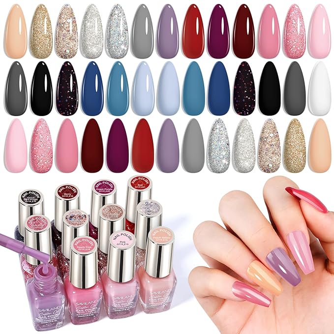 SAVILAND Nail Polish Set - 20pcs Classic Colors Quick-Dry Fingernail Polish,Regular Nail Lacquer Non-Gel Glitter & Solid Shades with Base Coat + Matte/Glossy Top Coats for Salon & Home Manicures