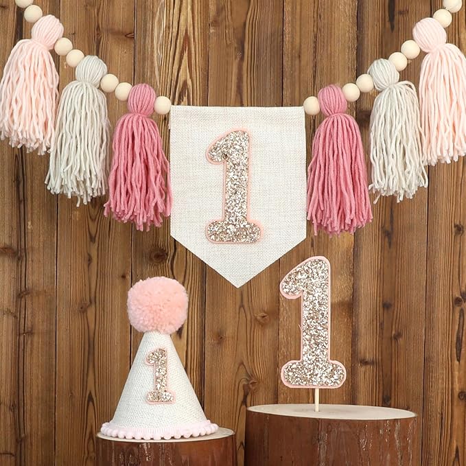 Pink Baby Girl 1st Highchair Banner Wood Bead Tassel Garland Conical Cap Bling Cake Topper Birthday Party Decorations