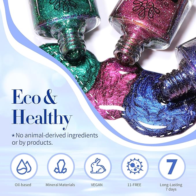 Born Pretty Chameleon Nail Polish Set Holographic Glitter Polish Sparkle Shimmer Nail Art Polish with Black Nail Polish Multicolored Nail Art Varnish 4 Bottles