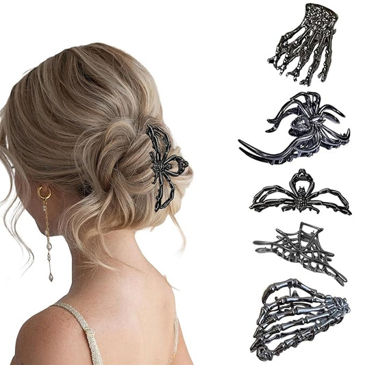6 Pack Skull Skeleton Hair Claw Clips, Gothic Punk Hair Accessories for Women Girls, Halloween Spider Web Metal Barrettes for Thick Thin Hair Styling (Black Silver)