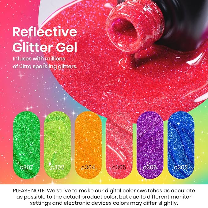 beetles Gel Polish Neon Carnival 6 Colors Reflective Glitter Gel Nail Polish Set Nails Blue Hot Pink Purple Soak Off Uv Led Sparkly bright Colors Halloween Nail Polish Kit Gift for Women