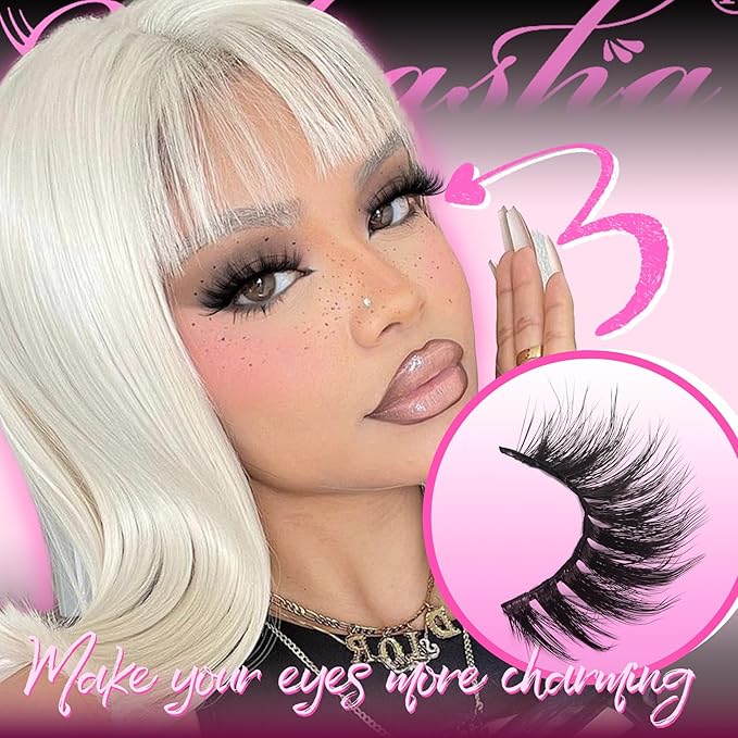 Veleasha Lashes Fluffy Eyelashes 12 Pairs C Curl False Eyelashes Natural Look Wispy Cat Eye Fake Lashes (Dopamine Pink)