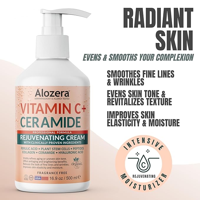 Alozera Vitamin C Body Lotion with Ceramides & Stem Cells, Anti-Aging Moisturizer Cream for Noticeably Youthful, Even Skin Tone, Lightweight, Fragrance-Free, 16.9 oz