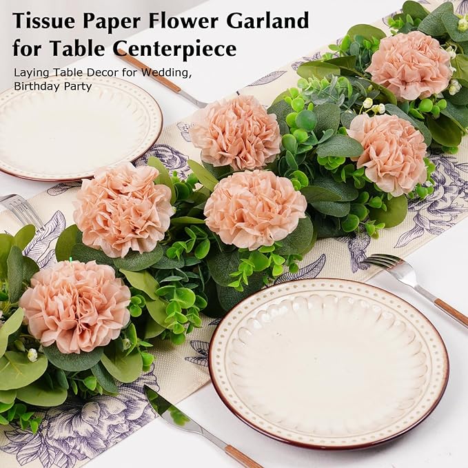 Tissue Paper Pom Pom Garland Hanging Paper Flower Decorations for Wedding Baby Shower Engagement Garden Tea Party Bridal Shower Spring Summer Wall Decor Nursery Arch Backdrop