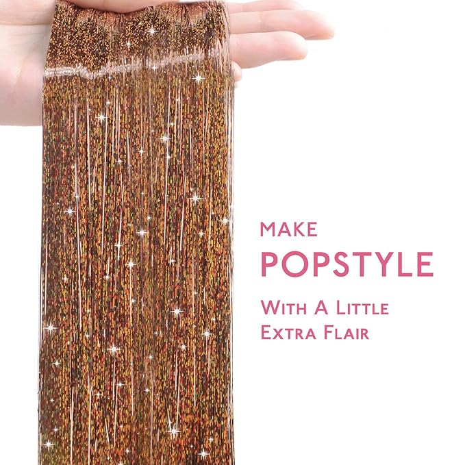 WENNALIFE Hair Tinsel for Girls, Golden Brown Fairy Kit 1200 Strands 6PCS 48 Inch Heat Resistant Glitter Tinsel Hair Extensions Kit Christmas Feathers Sparkle Strands