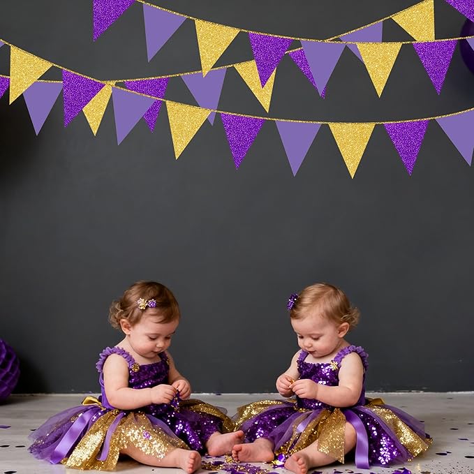 30Ft Purple Gold Party Decoration Pennant Banner Flag Hanging Glitter Paper Triangle Bunting for Baby Shower Birthday Bridal Shower Wedding Bachelorette Engagement Lavender Lilac Violet Party Supplies