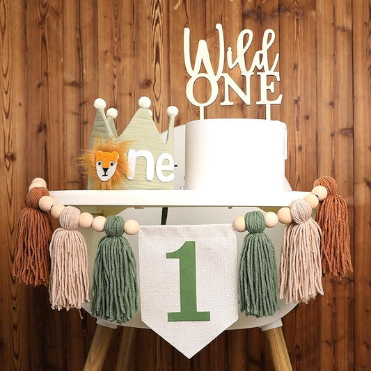 Wild One 1st Highchair Banner Wood Bead Tassel Garland Lion Crown Hat Wooden Cake Topper Birthday Party Decorations