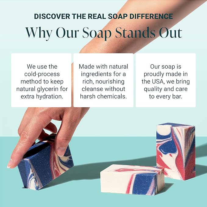 The Bubble Factory Handmade Natural Bath & Body Soap Bar, Vegan, All-Natural, Palm Oil Free, Made in USA with Shea Butter + Essential Oils, Patriot, 3 Bars