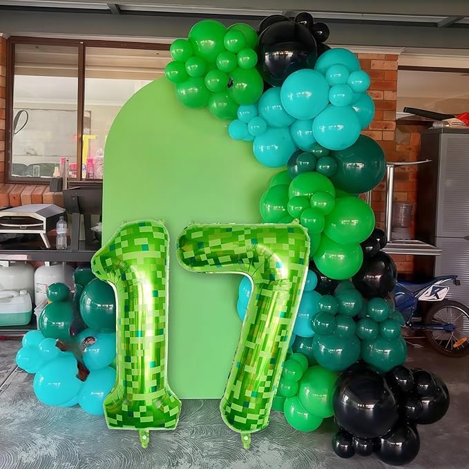 17th Birthday Balloons for Boys, Large Lime Green Pixel Number 17 Balloon, 40 Inch Dark Kelly Green Foil 17 Balloon Number for Men17 Year Old Birthday Video Game Forest Patrick's Day Party Decorations
