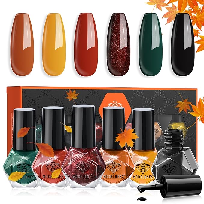 modelones Nail Polish Set, 6 Colors Fall Winter Halloween Yellow Orange Nail Polish Kit Quick Dry Black Green Long Lasting Manicure Diy Home Salon Gift For Women Mom