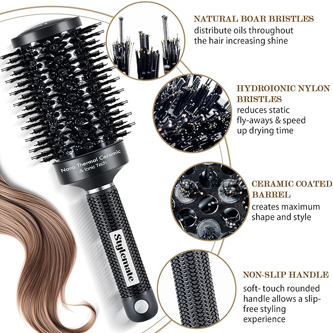 Round Brush, (Barrel 1.7 Inch, 45mm) Nano Thermal Ceramic & Ionic Tech Round Barrel Roller Hair Brush with Boar Bristles for Blow Drying-Black