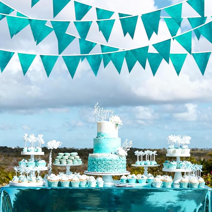 Teal Aqua Blue Triangle Pennant Banner Dark Metallic Fabric Flag Bunting Garland for Birthday Baby Shower Bridal Shower Graduation Wedding Holiday Retirement Mermaid Party Decorations Supplies