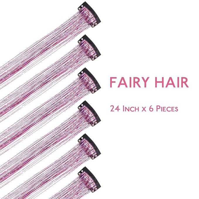 WENNALIFE Hair Tinsel Clip In Hair Tinsel for Girls Pink, 6pcs 24 inch Clips Tinsel Hair Extensions Clip in Colorful Glitter Clips Sparkle Fairy Hair Accessories for Kids