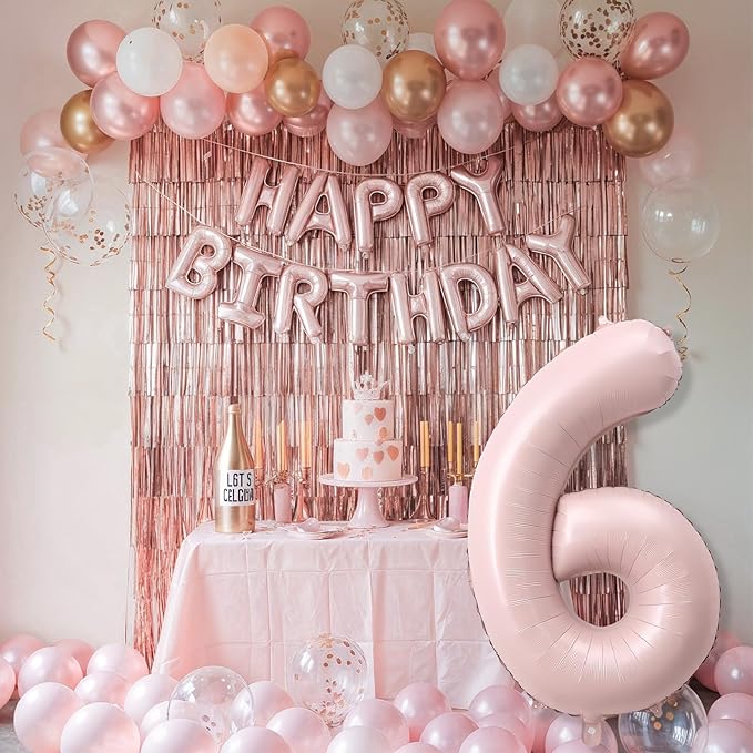 40 Inch 6 Balloon Number, Large Pastel Baby Pink Foil Number 6 Balloons Birthday Party Decor, Dusty Light Blush Matte Pink Mylar Self Inflating Balloon for Girls 6th Birthday Anniversary Decorations