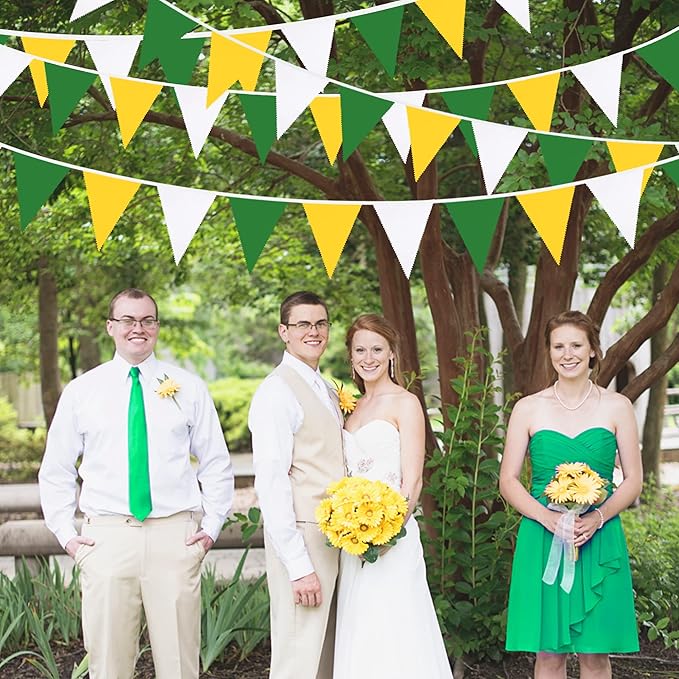32Ft Yellow Green White Pennant Banner Fabric Triangle Flag Bunting Garland for Spring Summer Party Decorations Birthday Wedding Engagement Baby Shower Tea Party Outdoor Garden Hanging Decorations