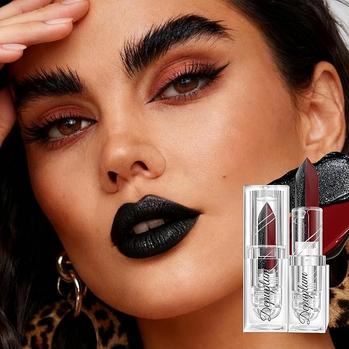 2 in 1 Red Matte Lipstick Glitter Black Lipstick Dual Sided Waterproof Lipsticks for Women One Stroke Two-Tone Long Lasting Lip Stick for Christmas Halloween, DU-G7