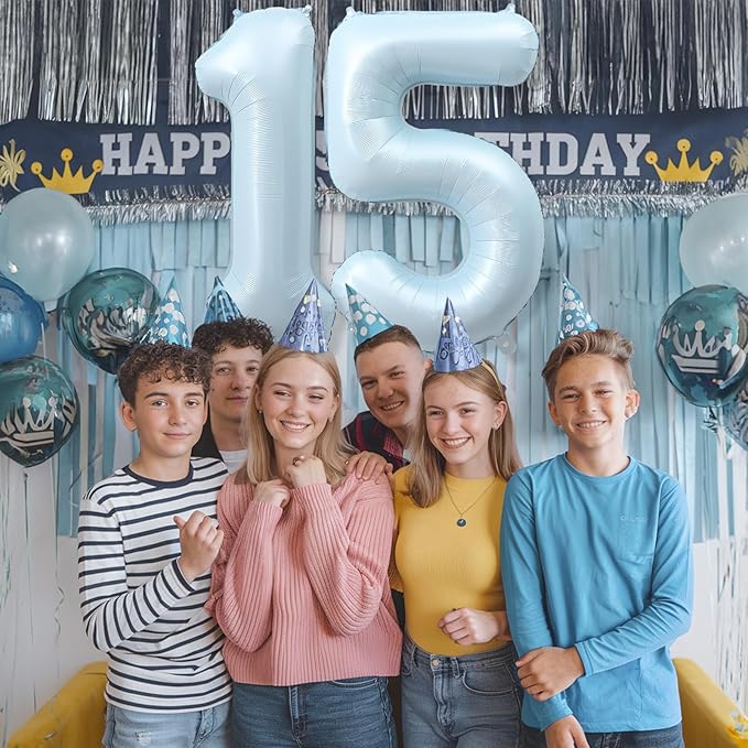 15th Birthday Balloons for Boys, 40'' Foil Self Inflating Light Baby Matte Blue Number 15 Balloon, Pastel Sky Blue Large Helium Mylar 15 Balloon Number for Birthday Party Decor Anniversary Decorations