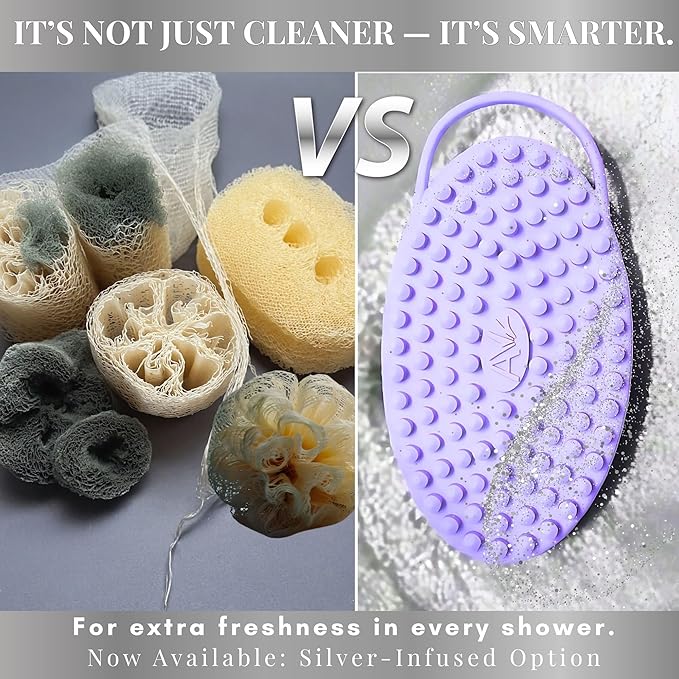 Avilana Silicone Body Scrubber - Food Grade & Lab Tested, Gentle Exfoliating Shower Brush for All Skin Types, Hygienic Quick-Dry Loofah Alternative (Green, Massage-Silver)