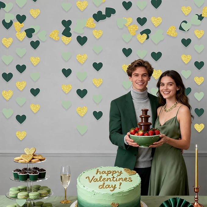 Sage Green and Gold Heart Party Glitter Gold Paper Olive Green Love Heart Hanging Garland Streamer Banner for Woodland Safari Baby Shower Birthday Wedding Anniversary Valentines Day Party Decorations