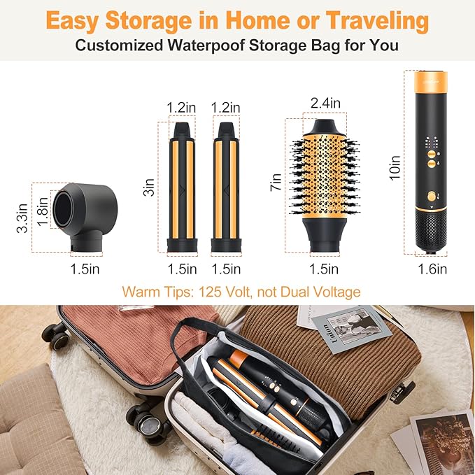 Air Styler Hair Dryer Brush - 110,000 RPM Flexible Hair Styler for Fast Drying/Rotating Curling/Volumizing/Straightening, Auto Wrap Curlers, High-Speed Oval Blow Brush Hair Dryer (Black-Orange)