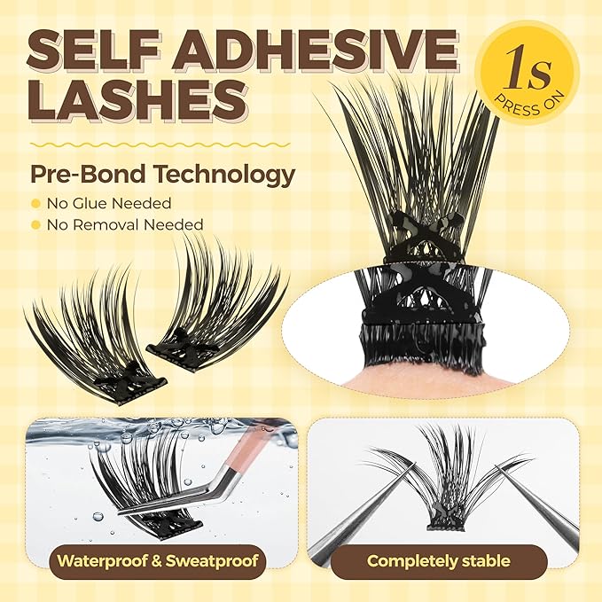 PopUp Self Adhesive Eyelashes Clusters, Press On Lashes Pre Glued Eyelash Extension Kit with Lash Tweezer,10-16mm No Glue No Remover Needed Self Adhesive Lashes Clusters NM03