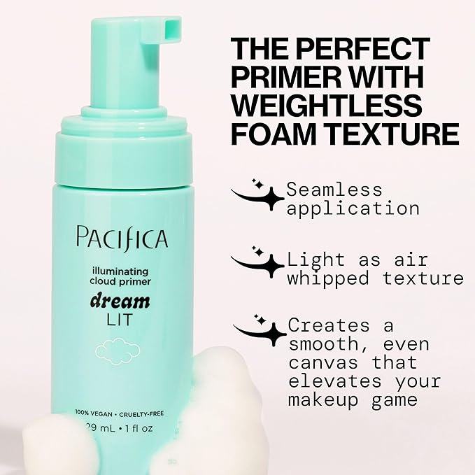 Pacifica Dreamlit Illuminating Foaming Primer with Vitamin C & Hyaluronic Acid – Hydrating Brightening Face Makeup Base for Glowing, Long-Lasting Foundation Wear – 1 fl oz Clean Beauty Vegan Formula
