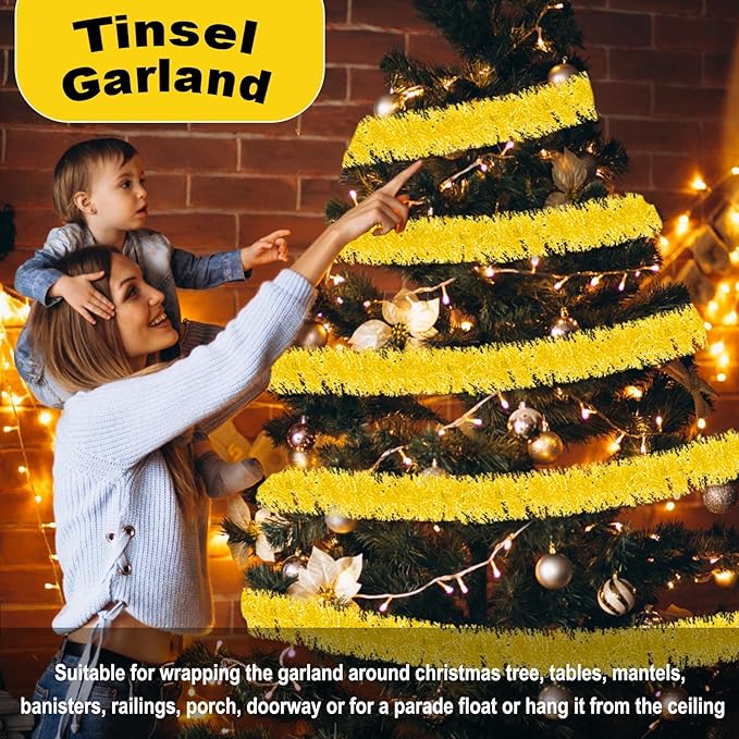 25 Feet Christmas Foil Fringe Banner Metallic Tassle Garland Metallic Backdrop Parade Floats Shiny Hanging Ceiling, Valentine's, Wedding, New Year Party Decorations(4" x 25', Macaron Yellow)