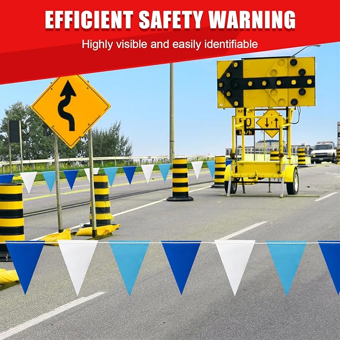 Safety Warning Pennant Banner Flags – Multipurpose 105FT OSHA High Visibility Colored Triangle Flags for Party, Roadwork, and Hazard Areas(Dark+Light Blue,45pcs,105FT)