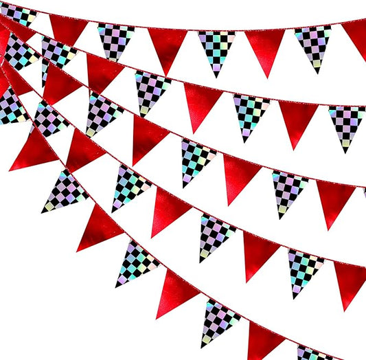Racing Party Decorations Iridescent Checkered Red Pennant Banner Flag Hanging Paper Triangle Bunting for Kid Boy Men Race Fans Birthday Baby Shower Monster Truck Race Car Party Decorations Supplies