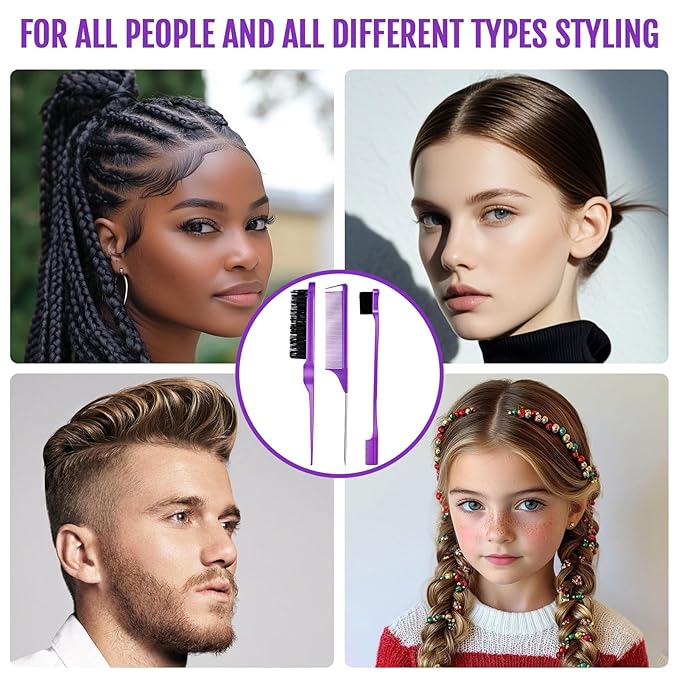 3 Pieces Hair Styling Comb Set Teasing Brush Rat Tail Comb Edge Brush for Edge&Back Brushing, Combing, Slicking Hair for Women (Purple)