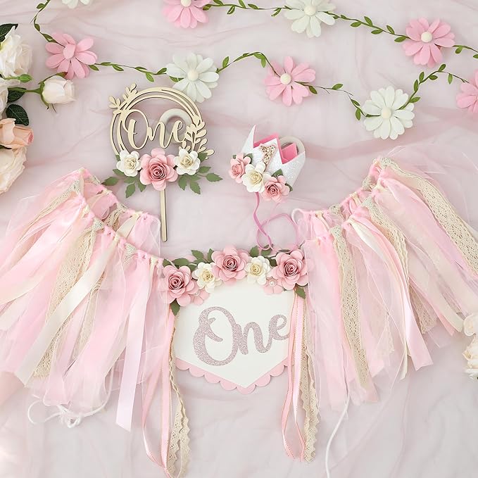 Wildflower 1st High Chair Banner Birthday Decorations For Girl Pink Flower Cake Topper Hat Floral Theme Party Decoration