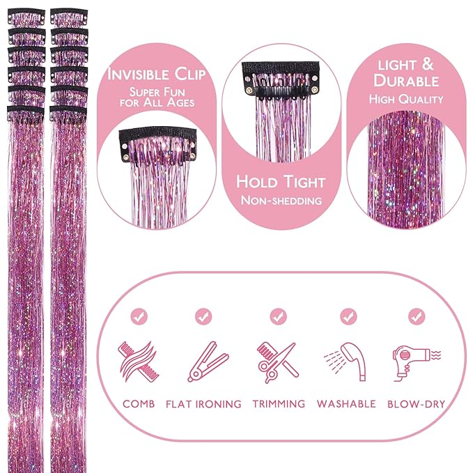 WENNALIFE Hair Tinsel kit for Girls, Clip in Pink, 12PCS 24 Inch Hair Accessories for Women Clip in Colorful Glitter Tinsel Hair Fairy Girls Hair Accessories for Kids