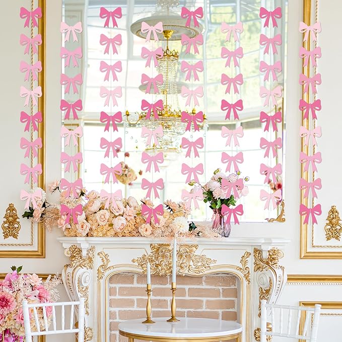 8Pcs Pink Bow Hanging Banner Pink Bow Garland for Bow Theme Birthday Party Decorations Girl Birthday Bachelorette Baby Shower Bridal Shower Party Supplies