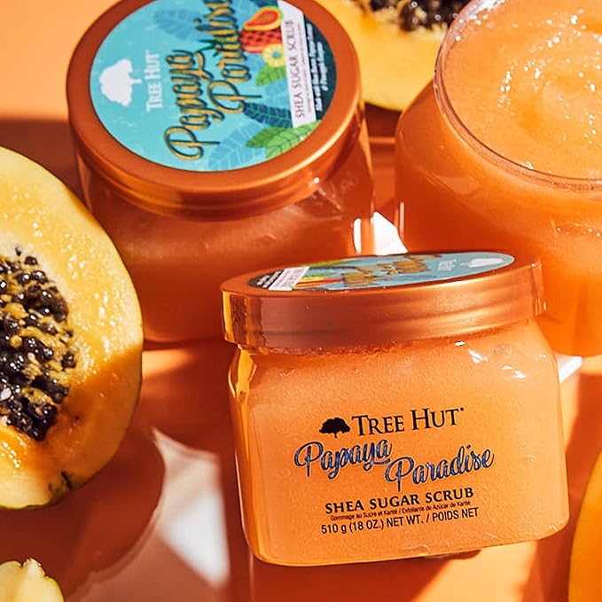 Tree Hut Papaya Paradise Shea Sugar Scrub, Exfoliating, Hydrating & Moisturizing Body Scrub with Shea Butter & Nourishing Essential Oils, Smooth & Soften Skin, 18 oz