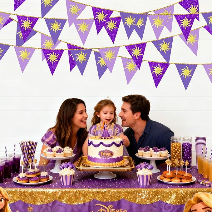 30Ft Purple Sun Party Decorations Purple Pennant Banner Flag Hanging Paper Triangle Bunting with Gold Sun for Birthday Baby Shower Bridal Shower Wedding Bachelorette Engagement Lavender Party Supplies