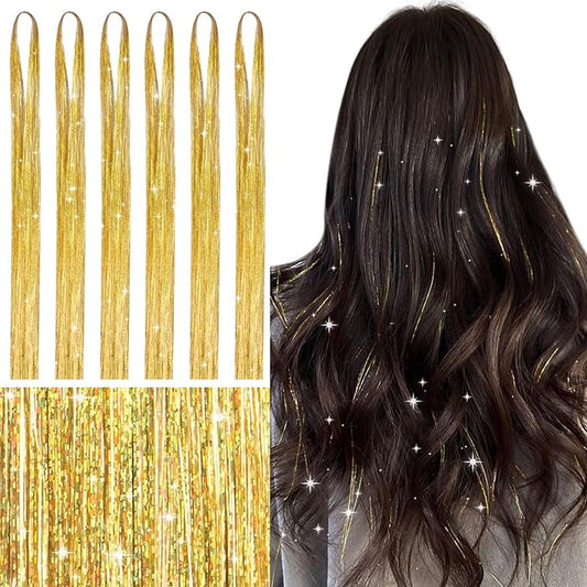 WENNALIFE Hair Tinsel for Girls, Champagne Fairy Kit 1200 Strands 6PCS 48 Inch Heat Resistant Glitter Tinsel Hair Extensions Kit Christmas Feathers Sparkle Strands