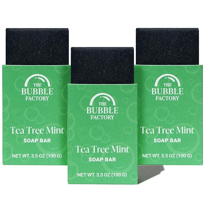 The Bubble Factory Handmade Natural Bath & Body Soap Bar, Vegan, All-Natural, Palm Oil Free, Made in USA with Shea Butter + Essential Oils, Tea Tree Mint, 3 Bars