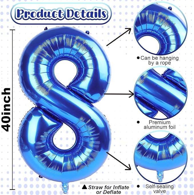 40 Inch Balloon Number 8 Navy Blue, Large Dark Royal Blue Foil Number 8 Balloons Set 0-9 for Men, Self Inflating Digital 8 Helium Balloons for Boys Birthday Anniversary Baby Shower Party Decorations