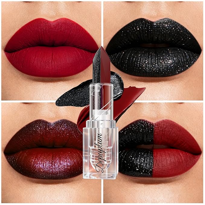 2 in 1 Red Matte Lipstick Glitter Black Lipstick Dual Sided Waterproof Lipsticks for Women One Stroke Two-Tone Long Lasting Lip Stick for Christmas Halloween, DU-G7